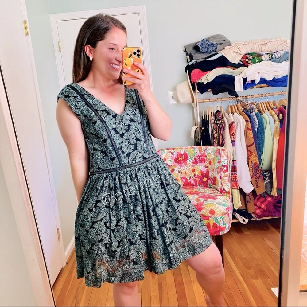 ALEXIS Green Black Floral Tulle Skirt Mini Dress Medium